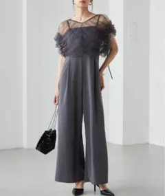 パンツドレス フリルチュールボレロセット グレー