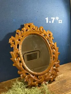 H 壁掛けインテリア　アンティーク調　木彫り　レトロ　ヴィンテージ　鏡　木製