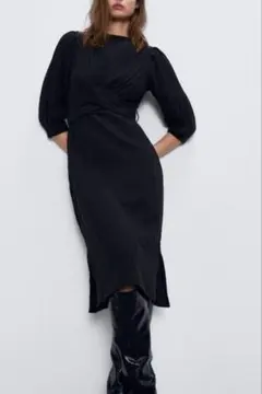 【ZARA/ザラ/XS】七分丈ラスティックコットンドレス/ロングワンピース