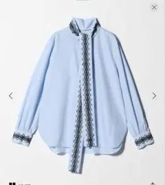 ユナイテッドアローズ　レース コンビ ボウタイ リボン ブラウス ブルー　新品