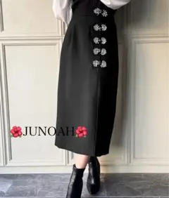 JUNOAH 黒 花モチーフ タイトロングスカート　チャイナボタン