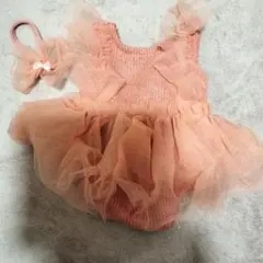 ピンクチュールワンピースとヘアバンドセット新生児写真用