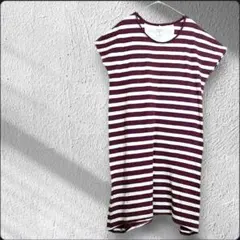 シュカグローバルワーク　カットソーワンピース　夏　半袖　ボーダー　白　紫　L