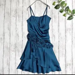 アサクラ サテン パーティドレス ワンピース フラワーモチーフ ブルーグリーン