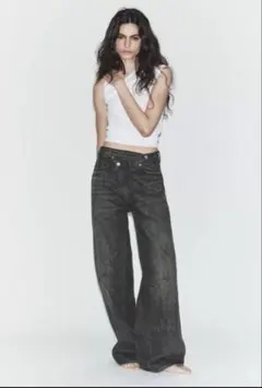 zara ハイウエストクロスウエスト ワイドレッグデニムパンツ ブラック　34