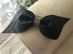 【バレッタ】2way リボン ブラック ゴールドスタッズ