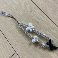 韓国　ストラップ　ブラックリボン　ハート　ビーズ　スマホストラップ