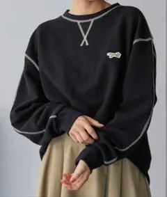 ペニーズ別注ワンポイントロゴ　ステッチ配色ワッフル長袖Tシャツ　抗菌防臭　BK