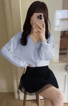 新品未使用タグ付きGRLリボンビジューシアーニットカーディガンk9342zブルー