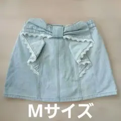 バックリボンスカート デニムスカート レース付きリボン　M　サックス