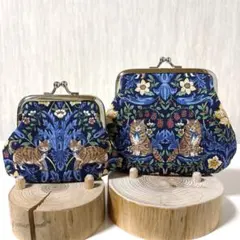 がま口ポーチ・大小セット＊ボタニカル　ねこ・ネイビー