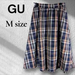 ​大人可愛い✨️GU タータンチェック タックフレアスカート 膝丈 紺 茶 Mのサムネイル