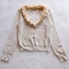 オフオン ラビットファー カーディガン アイボリー Vネック 金糸 薄手 長袖M
