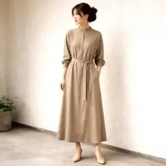 ストラStola.シャツワンピース ベージュ バンドカラー ベルト付き M