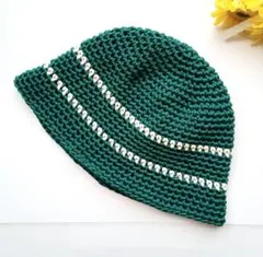 コットン　 深緑　ライン入り　クラッシャーハット　クロシェハット　バケットハット