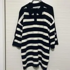 GU ジーユー rokh コラボ　ボーダー　ニットポロシャツ　ネイビー　L