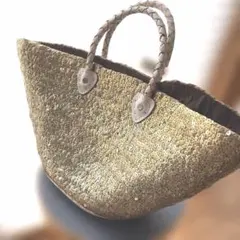 未使用品 モロッコ 素敵ゴールドひまわり花刺繍装飾♪かごバッグ 
