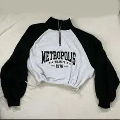 クロップドスウェット ハーフジップ グレー 白 黒 パーカー