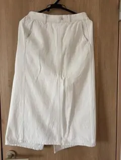 ホワイトデニムタイトスカート ミモレ丈 スリット入り ストレッチ素材 Mサイズ