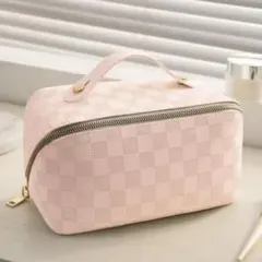 化粧ポーチ　格子　大容量　ピンク　バニティ　コスメポーチ　メイクボックス　旅行