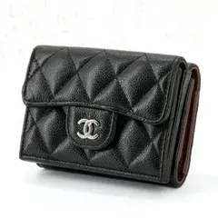 300円スタート CHANEL キャビアスキン マトラッセ 三つ折り財布 黒