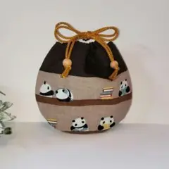 ハンドメイド　ミニ巾着　まんまる巾着　お数珠入れ　パンダの図書館