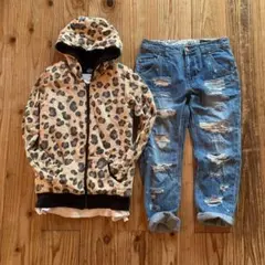 しまむら　レオパード柄モコモコWジップパーカー　M