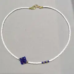 ハンドメイド ビーズネックレス ホワイト ブルー ミリフィオリチョーカー