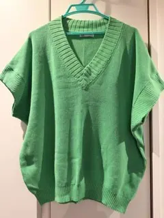 ZARA Vネック ニットベスト グリーン S-M