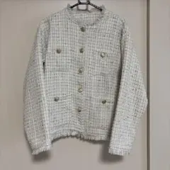 DOUDOU ツイード ノーカラージャケット フリンジ ホワイトのサムネイル