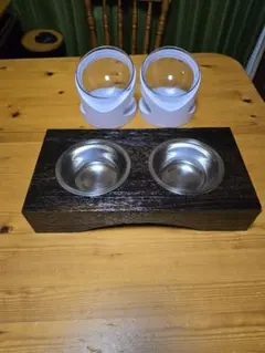 木製食器台 ステンレスボウル2個・プラスチックボウル２個・プラスチック台２個付き