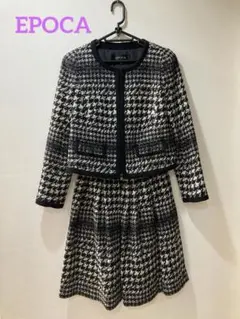 美品 ♪エポカ ♪ノーカラージャケット 千鳥格子 ウール混 黒 ブラック M