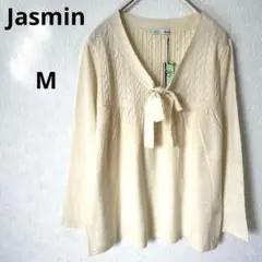 【タグ付】ジャスミン ニットトップス　ボータイカラー　Vネック　長袖　薄手ニット