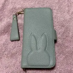 うさぎ型押し 手帳型スマホケース 13mini ストラップ付き ブルー