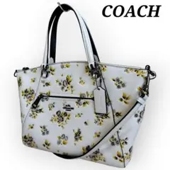 美品　COACH　ショルダートートバッグ　2WAY 花柄　レザー　白　薔薇