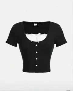 ブラック レース切り替え 半袖 トップス SHEIN
