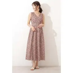 O894NBBロングワンピースレッドピンク花柄ボタニカルノースリーブコットン綿M