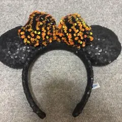 ミッキー型カチューシャ 黒とオレンジ スパンコール