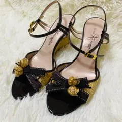 未使用級 銀座かねまつ 24 サンダル ウエッジソール アンクルベルト リボン