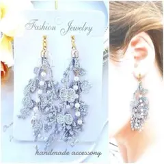 NO.598 再再再販☆レースタッセル×チェーンパールピアス/イヤリング/グレー