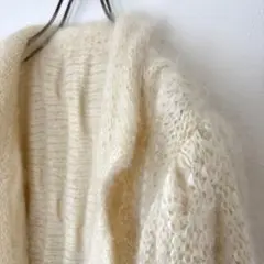 ビンテージ 襟付きニットカーディガン ジャケット チュニック丈 白 レトロ L