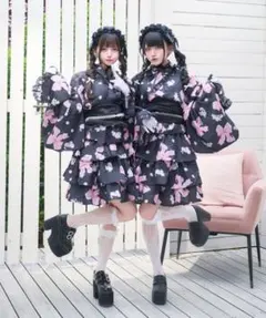 浴衣ドレス 大人 セット リボン セパレート 黒 ブラック 地雷系 着物