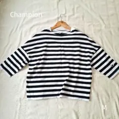 Champion ボーダー Tシャツ 五分袖 ネイビー×ホワイト M