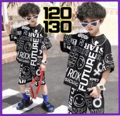 男の子　キッズ　韓国　セットアップ　総柄　Tシャツ ハーフパンツ　にこちゃん　黒