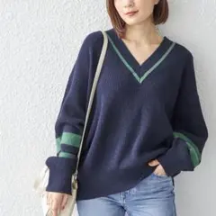 シップス Vネック チルデンニット セーター ネイビー×グリーン ウール混