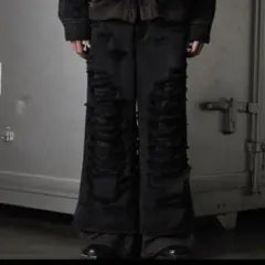 GRANCYスウェットドッキングデザインダメージバギーデニムパンツ