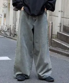 MONO-MART ヴィンテージライクオーバーダイワイドフレアデニムパンツ