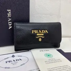 PRADA プラダ 6連 キーケース レザー シボ革 黒 ゴールド レア 美品
