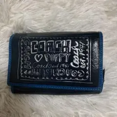 COACH Poppy 財布　ヒョウ柄　青　ネイビー　水色