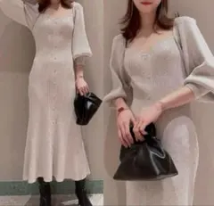 SNIDEL リブ編みロングワンピース ベージュ